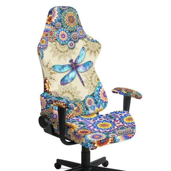 SCRAWLGOD Dragonfly Bohemian Flower Print Blue Beige Pattern Gaming Chair Cover Set of 4, Comfortable Computer Desk Chair Cover Rotating Computer Chair Protector with Armrest Cover