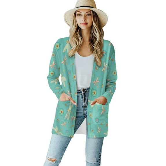 SCRAWLGOD Dragonfly Cardigan Sweatshirt for Women Lightweight Jacket No Hood Size 2XL Long Sleeve Sweater Coat with Pockets Washable Open Front Cardigan for Women Long