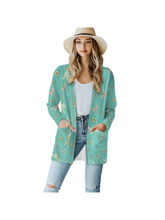 Dragonfly Cardigan Sweatshirt for Women Lightweight Jacket No Hood Size S Long Sleeve Sweater Coat with Pockets Washable Open Front Cardigan for Women Long