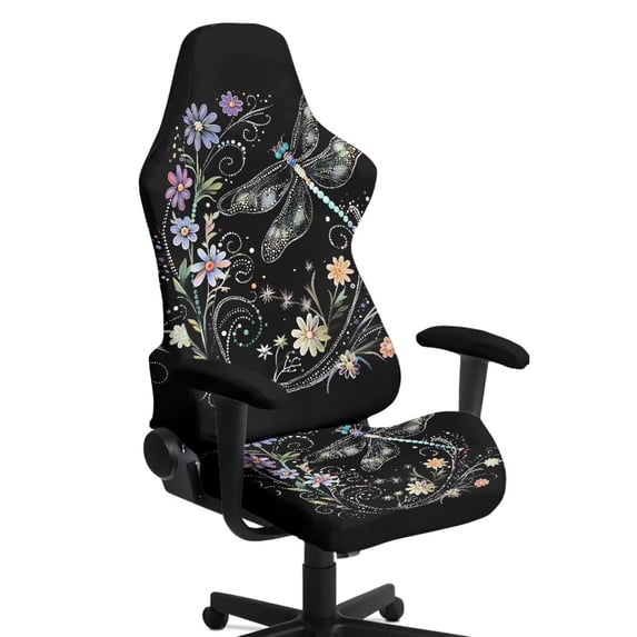 SCRAWLGOD Dragonfly Daisy Floral Print Black Gaming Chair Cover Set of 4, Comfortable Computer Chair Cover with Armrest Cover Anti Slip Rotating Chair Protection with Elastic Band for Home Gaming