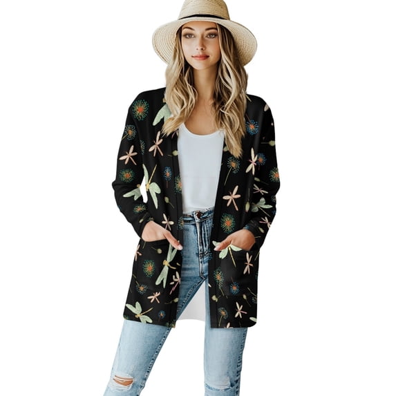 SCRAWLGOD Dragonfly Fall Cardigan Sweaters for Women Lightweight Jacket with Pockets Size M Long Sleeve Sweatshirt Cardigan Women Open Front Soft Ladies Cardigan for Clubs