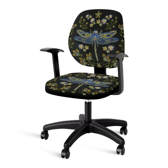 SCRAWLGOD Dragonfly Floral Black Elastic Seat Covers for Office Chairs Cozy Breathable High Back Chair Slipcover Dustproof Split Computer Desk Chair Seat Covers, 2 Pieces