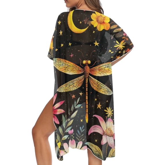 SCRAWLGOD Dragonfly Floral Moon Print Beach Cover Ups for Women Loose Open Front Bathing Suit Cover Up Lightweight Quick Dry Swimsuit Coverup for Pool Party