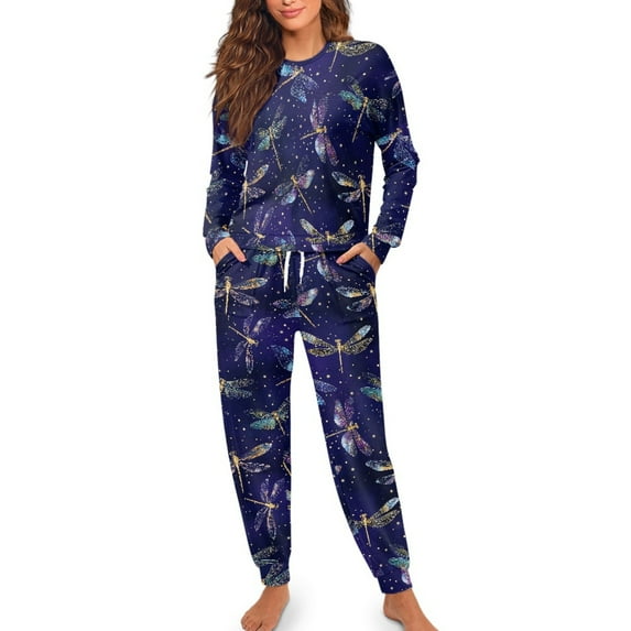 SCRAWLGOD Dragonfly Fluorescence Women's Pajama Set Long Sleeve Breathable Comfortable Pjs with Breast-Pocket Two Piece Round Collar Sleepwear with Pockets Elastic Band, S