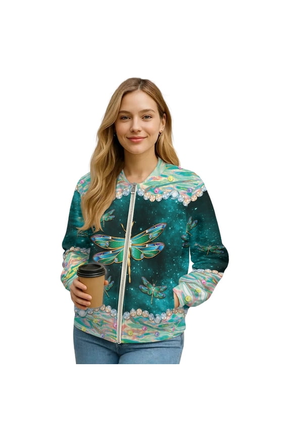 Dragonfly Gemstone Print Green Womens Sweatshirts Zip Up Crewneck Pullover Casual Jackets Comfortable Clothes Fall Fashion Outfits Lightweight Hoodless Coat, XXL