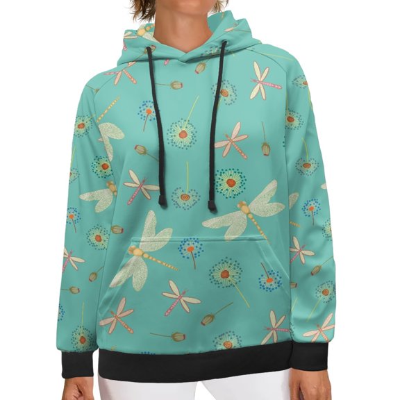SCRAWLGOD Dragonfly Hooded Pullover Sweater Women Plus Size 2XL Long Sleeve Tops Drawstring Women's Hoodie Graphic Breathable Hooded Sweatshirt Women Daily Life