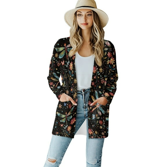 SCRAWLGOD Dragonfly Women Long Cardigan Sweaters for Women Lightweight Jacket with Pockets Breathable Womens Cardigans Dressy Casual Long Sleeve Fall Cardigan Size S