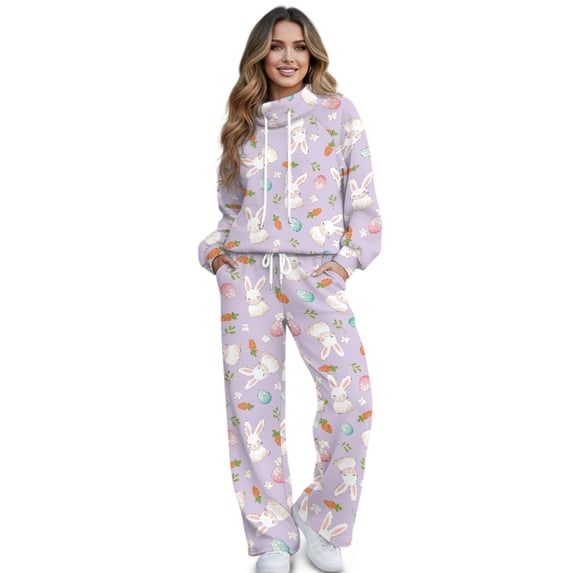SCRAWLGOD Easter Rabbit Carrot Leaf Floral Print Violet 2 Piece Sets for Women Fall Outfits Sweatsuit Loose Fit Turtleneck Drawstring Sweatshirt Wide Leg Sweatpants Matching Set Tracksuit, XL
