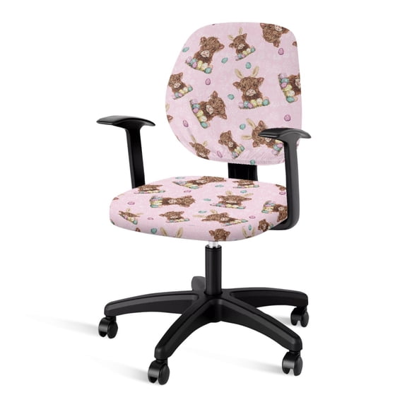 SCRAWLGOD Easter Set of 2 Elastic Chair Covers for Office Desk Chairs Comfy Non-Slip Chair Protector Breathable Universal High Back Chair Covers, Highland Cattle Rabbit Ears Eggs Pink