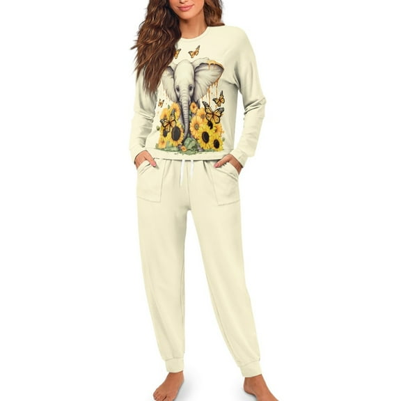 SCRAWLGOD Elephant Sunflower Pajamas Women Pj Long Sleeve Pjs for Women Set Fall Crewneck Ladies Two Piece Pajamas Size 2XL Washable Women Sleepwear