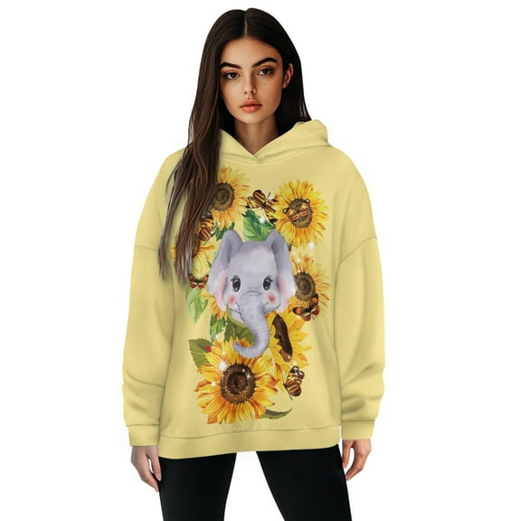 SCRAWLGOD Elephant Sunflower Women's Hoodies Pullover Oversized Sweatshirt for Women Plus Size XL Washable Hooded Blouses Women Crewneck Ladies Hoodie Sweaters for Hiking