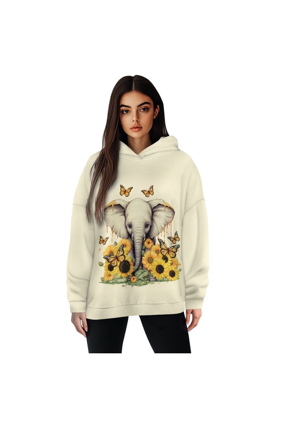 Elephant Sunflowers Women's Hoodies Pullover Oversized Sweatshirt for Women Plus Size M Round Neck Long Sleeve Tops for Women Washable Ladies Pullover Hoodies for Vacation