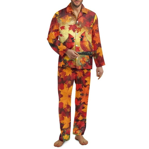 SCRAWLGOD Fall Decor Maple Leaf Cardinal Print Mens Pajamas Set, 2 Pack Comfortable Notch Collar Pajamas for Men, Lightweight Long Sleeve Mens Sleepwear with Pockets & Elastic Band, XL