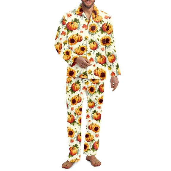 SCRAWLGOD Fall Decor Pumpkin Sunflower Beige Men Pajamas Set Long Sleeve Pjs, 2 Piece Notch Collar Button Down Tops Soft Elastic Waistband Bottoms with Pockets, Comfortable Sleepwear, M
