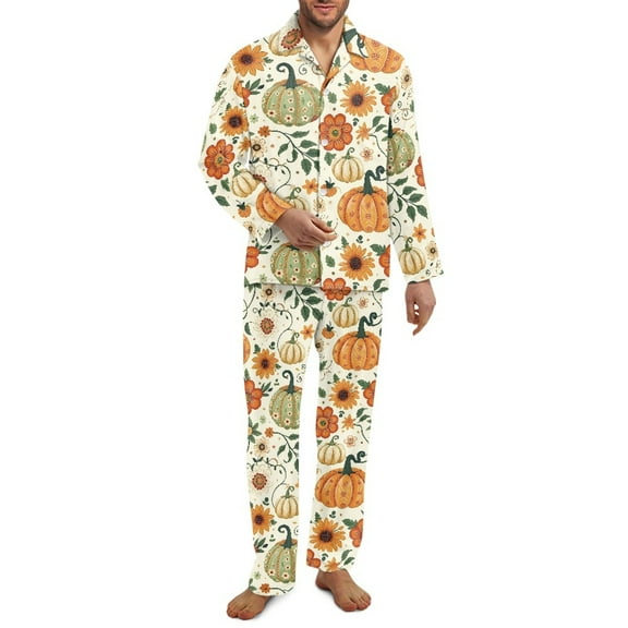 SCRAWLGOD Fall Decor Sunflower Floral Pumpkin Beige 2 PCS Men Pajamas Set Long Sleeve Notch Collar Button-Down Pajamas with Pockets Lightweight & Cozy Sleepwear Wrinkle-Free Loungewear, XXL