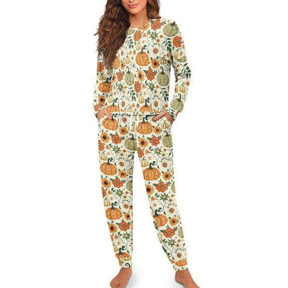 SCRAWLGOD Fall Decor Women's 2 Pieces Pajama Sets Lightweight Long-Sleeve Crew-Neck Top and Full-Length Anti-Wrinkle Drawstring Bottom with Elastic Band, Pumpkin Sunflower Floral Leaf Beige, L