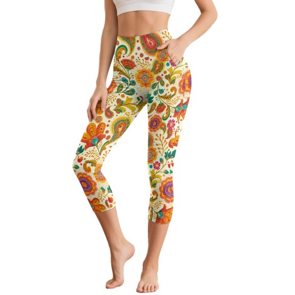 SCRAWLGOD Fall Flowers Print Beige Capri Leggings for Women - Slim High Waisted Capris Tummy Control Yoga Pants with Pockets Breathable Workout Cycling Cropped Tights, XXL