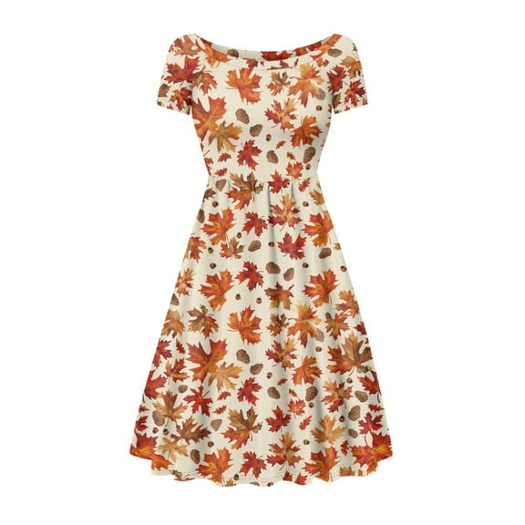 SCRAWLGOD Fall Maple Leaf Dress Women Casual Summer Dresses Midi Length with Sleeves Comfortable One-Piece Dress for Women Round Neck Casual Dress for Thanksgiving Day Size L