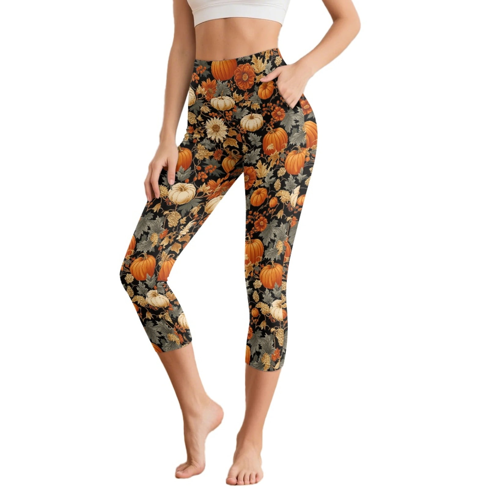 SCRAWLGOD Fall Pumpkin Leaf Floral Capri Leggings for Women, High