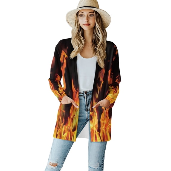 SCRAWLGOD Fire Print Women's Open Front Cardigan Lightweight Long Sleeve Tops for Women Size 2XL Comfortable Sweater Jacket for Women Dressy for Daily Life