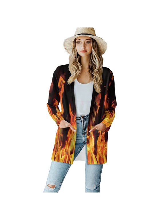 Fire Print Women's Open Front Cardigan Lightweight Long Sleeve Tops for Women Size M Comfortable Sweater Jacket for Women Dressy for Daily Life