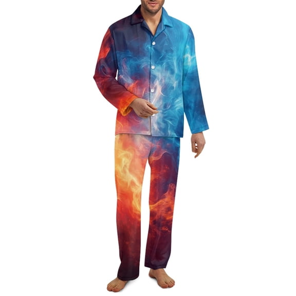 SCRAWLGOD Flame Print Red Blue 2 PCS Men Pajamas Set Long Sleeve Notch Collar Button-Down Pajamas with Pockets Lightweight & Cozy Sleepwear Wrinkle-Free Loungewear, S