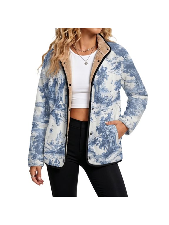 Fleece Jacket for Women Sherpa Lined Coat Toile De Jouy Village Fuzzy Shacket Cardigan with Pockets, Casual Fall Winter Clothes, Snap Button, Stand Collar, for Vacation, Small