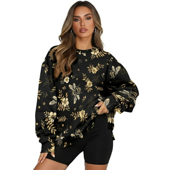 SCRAWLGOD Floral Bee Print Black Womens Oversized Sweatshirts Crewneck Long Sleeve Tops Polyester Cozy Pullover Fall Fashion Clothes with Pockets, 3XL