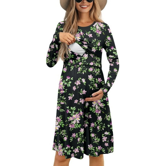 SCRAWLGOD Floral Breastfeeding Dress for Women Long Sleeve Maternity Nursing Dress Size L Round Neck Dress Maternity Clothes Breathable Swing Dress for Women Midi Length Dress