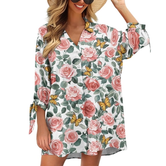 SCRAWLGOD Floral Butterfly 3/4 Sleeve Cardigan Shirt for Women Plus Size Cardigan for Women S Women's Blouses & Button Up Shirts Aesthetic Button Down Shirts