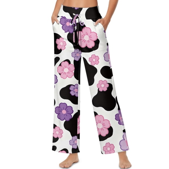 SCRAWLGOD Floral Cow Print Black White Womens Casual High Waist Pants Fashion Drawstring Loose Pants Trousers Soft Lightweight Lounge Slacks with Pockets, S