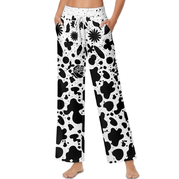 SCRAWLGOD Floral Cow Print Splash Black White Womens High Waisted Palazzo Lounge Pants Lace-Up Wide Leg Casual Trousers Fashionable Cozy Loose Fit Slacks with Pockets, M