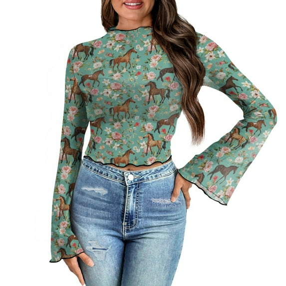 SCRAWLGOD Floral Horse Women Bell Sleeve Tops Size S Women's Floral Print Bell Long Sleeve Crop Blouse Soft Summer Mock Neck Crop Tops Vintage Slim Shirts