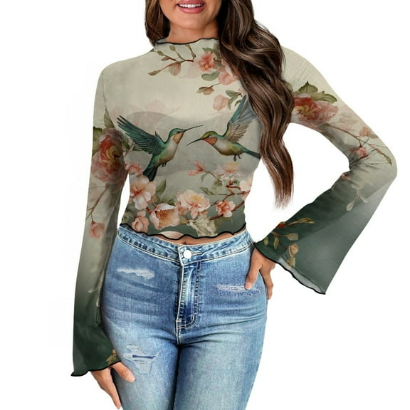 SCRAWLGOD Floral Hummingbird Bell Sleeve Tops for Women Size M Aesthetic 70's Flowy Long Sleeve Tops Women's Floral Print Bell Long Sleeve Crop Blouse Flare Shirts
