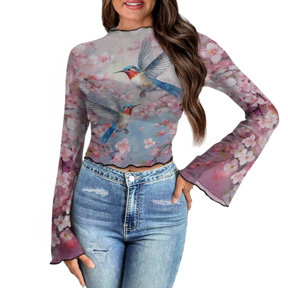 SCRAWLGOD Floral Hummingbird Women Bell Sleeve Tops Pink Mock Neck Shirts Size S Lettuce Trim Tops for Going Out Flared Summer Blouse Long Casual Slim Shirts