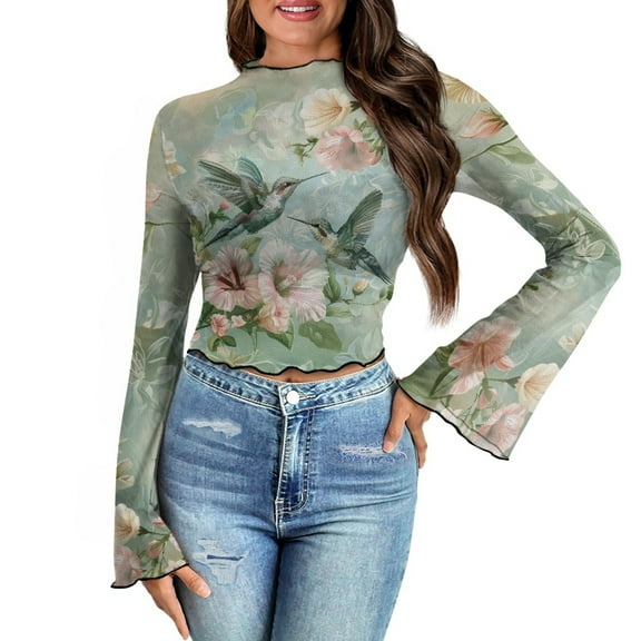 SCRAWLGOD Floral Hummingbird Women Bell Sleeve Tops Size L Aesthetic Flare Sleeve Blouse Suitable for Going Out Travel Long Sleeve Lettuce Trim Shirts