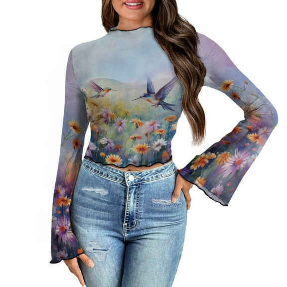 SCRAWLGOD Floral Hummingbird Women Bell Sleeve Tops Size S Mock Neck Party Going Out Top Aesthetic Lettuce Trim Flowy Tops Slim Shirts Flare Top for Women Ladies