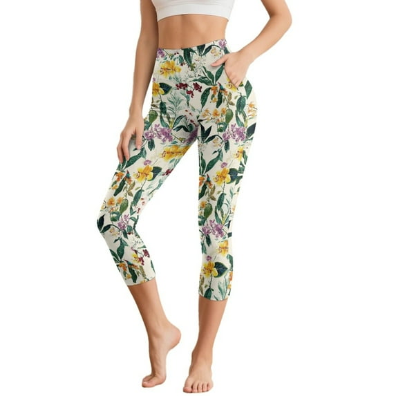 SCRAWLGOD Floral Leaf Pink Beige Women’s Capri Yoga Leggings with Pockets Tummy Control Squat Proof Workout Running Yoga Pants Breathable Non See Through Cropped Tights, XS