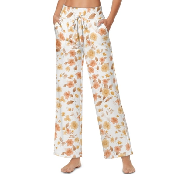 SCRAWLGOD Floral Leaf Print Beige White Women's Palazzo Lounge Pants Stretchy Comfy Wide Leg Casual Pants Trendy Soft High Waisted Flowy Pants with Side Pockets, L