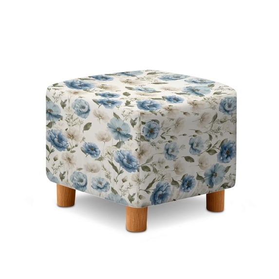 SCRAWLGOD Floral Leaf Print Blue Beige Square Ottoman Cover Stretch Folding Storage Bench Ottoman Cover Footrest Stool Slipcover Footstool Protector Cover with Elastic Bottom