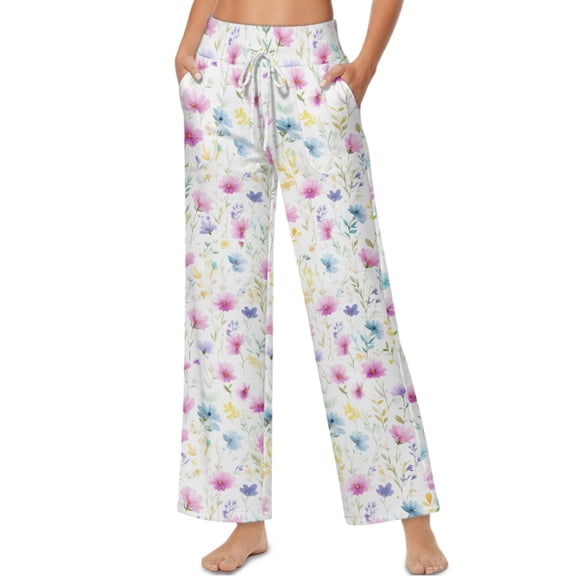 SCRAWLGOD Floral Leaf Print Violet Blue White Women's Palazzo Trousers Pants High Waisted Casual Long Pants Comfortable Stretchy Wide Leg Slacks with Side Pockets, L