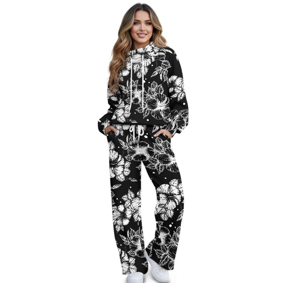 SCRAWLGOD Floral Leaf Print White Black Women's 2 Piece Lounge Set Travel Casual Outfits Tracksuit Comfy Turtleneck Sweatshirt Wide Leg Loungewear Baggy Comfy Sweatsuit, XS