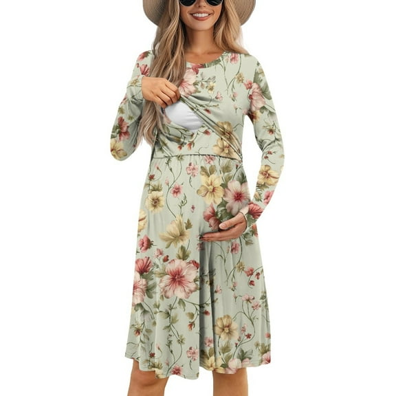 SCRAWLGOD Floral Maternity Dress for Women Long Sleeve Nursing Dresses Breastfeeding Crewneck Pregnancy Clothes for Women Fall Dress Soft Womens A Line Dress Knee Length Size S