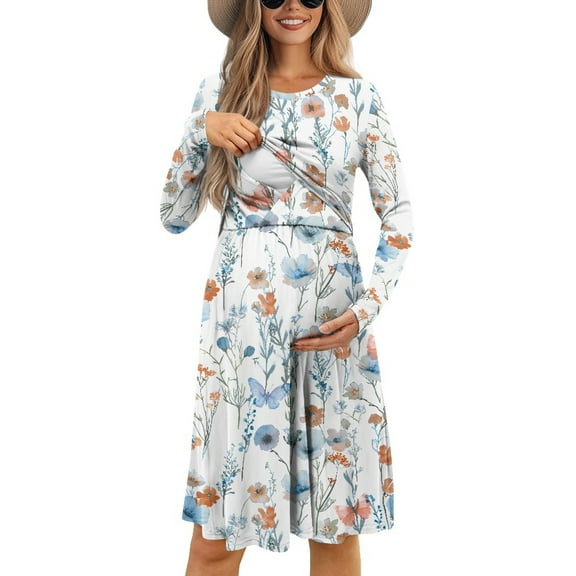 SCRAWLGOD Floral Nursing Dress for Women Breastfeeding Friendly Dresses Casual Midi Size S Long Sleeve Women Maternity Dresses Party Elastic High Waist Dress for Women Autumn