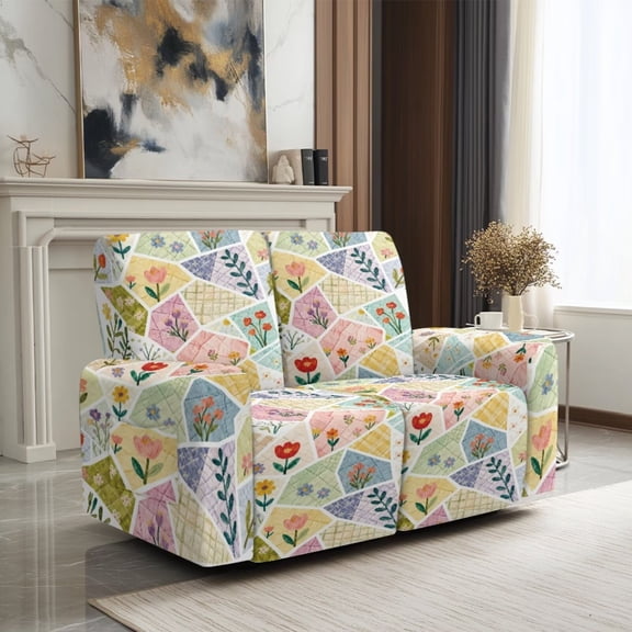 SCRAWLGOD Floral Patchwork Print Recliner Loveseat Slipcover for Dogs Stretch Non Slip Couch Cover Washable Anti Scratch Recliner Cover with Pocket