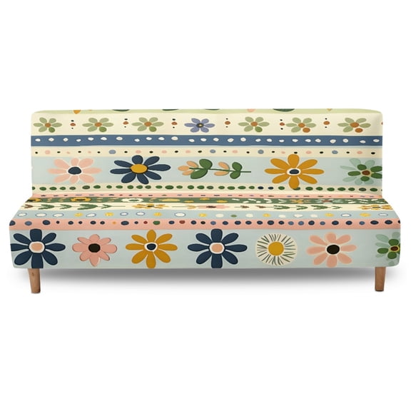 SCRAWLGOD Floral Polka Dot Print Blue Beige Stretch Futon Slipcover Armless Futon Bed Sofa Cover Furniture Protector with Elastic Bottom, Soft and Washable Sofa Bed Slipcover