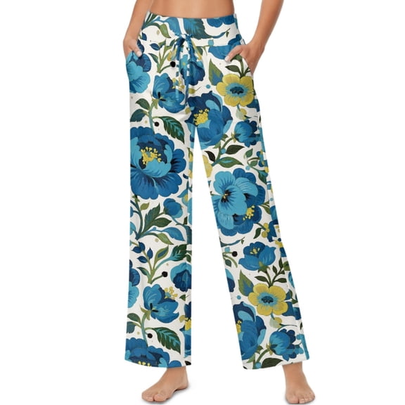 SCRAWLGOD Floral Print Blue Beige Womens High Waist Casual Pants Drawstring Wide Leg Vacation Comfy Lounge Trousers Stylish Flowy Loose Fit Slacks with Side Pockets, L