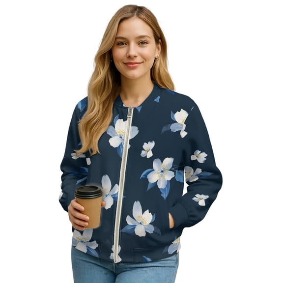 SCRAWLGOD Floral Print Dark Blue Womens Zip Up Long Sleeve Sweatshirt Jacket Comfy Lightweight Casual Loose Coats With Pockets Hoodless Fall Winter Jackets with Pockets, XL