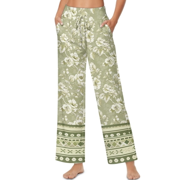 SCRAWLGOD Floral Print Green Womens Wide Leg Casual Pants Lace-Up High Waisted Daily Trousers Trendy Comfortable Stretchy Flowy Slacks with Side Pockets, M