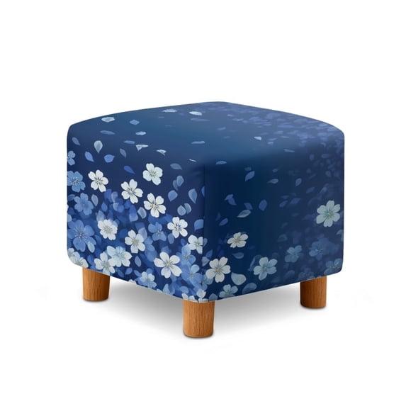 SCRAWLGOD Floral Print Navy Blue Ottoman Cover Square Storage Ottoman Slipcover Thick Stretchable Footrest Stool Covers with Elastic Band for Pets, Machine Washable